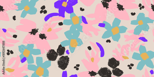 Abstract floral pattern background in vector style with hand-painted flowers and expressive brush strokes. Seamless modern flower print, perfect for textile design, wallpapers, fashion and branding
