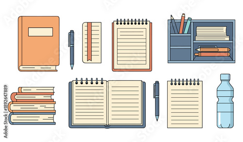 Collection of books, notebooks, pens, and water bottle for study setup