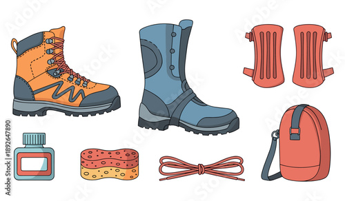 Hiking and motorbike gear: boots, backpack, and maintenance items
