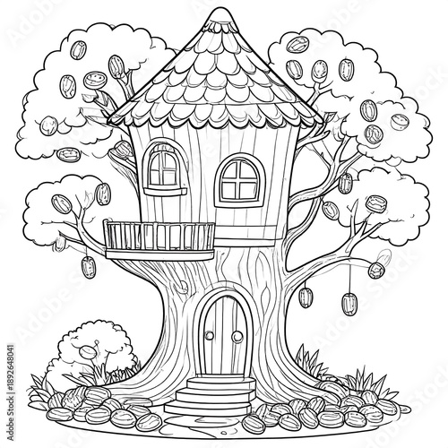 Whimsical treehouse illustration featuring a two-window house, a balcony, and lots of fruit
