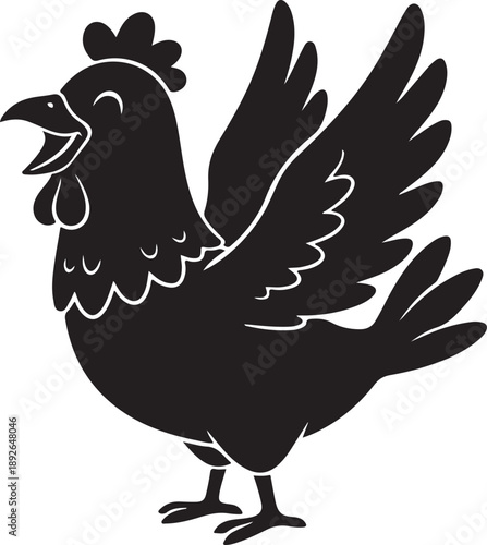 Happy cheerful black hen chicken with spread wings and open beak singing or clucking joyfully with laughter
