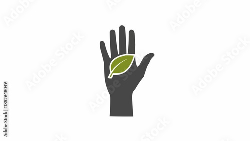 Hand holding green leaf symbol.