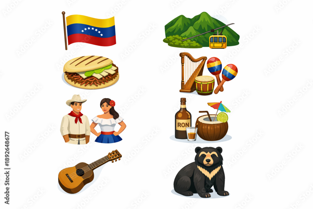 Fototapeta premium Venezuelan Cultural Elements Vector Illustration – Eight Icons in Clean Vertical Columns