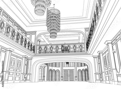A grand mansion lobby features a chandelier, detailed railings, and furnished doors in an elegant black and white contour drawing.
