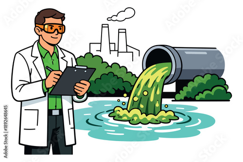 Cartoon line art illustration of a scientist observing industrial pollution depicting green waste discharged into water for environmental issues