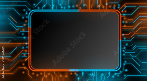Futuristic Digital Circuit Board Frame with Blue and Orange Neon Lights on a Dark Background
