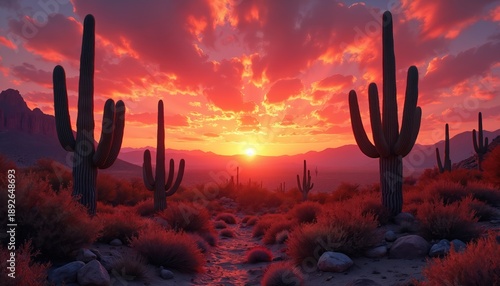 Dramatic desert sunset with towering saguaro cacti silhouetted against a fiery red orange sky. Arid landscape glows with warm twilight hues, casting long shadows.