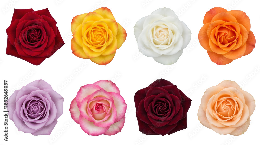 Fototapeta premium Rose flower heads set including red, yellow, white, orange, purple, pink, maroon, and peach colors isolated. Floral design elements for wedding and romantic themes.