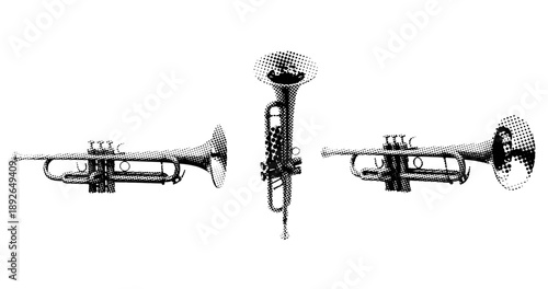 Vintage trumpet trio in halftone style with artistic dot pattern