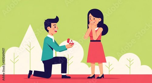 Man proposing marriage with a ring box to a surprised woman romantic proposal scene with flat design illustration for wedding or engagement concepts
