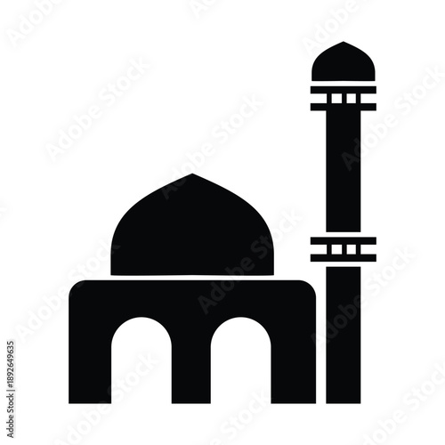 Stylized mosque silhouette with dome and tall minaret, elegant black graphic representing islamic worship place for cultural and religious themes