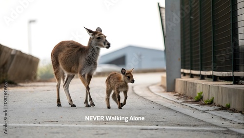 Minimal scene showing two adult kangaroo figures flanking a smaller one