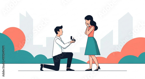 Man proposing marriage with ring box to surprised woman flat vector illustration for engagement wedding or relationship concepts
