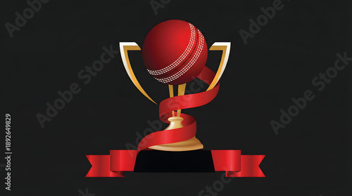 A golden cricket trophy with ball and red ribbon on black background.
