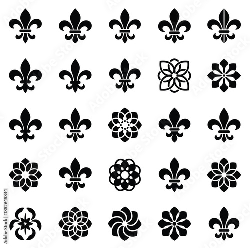 A Collection of Fleur-de-lis and Floral Motifs vector icon sate 