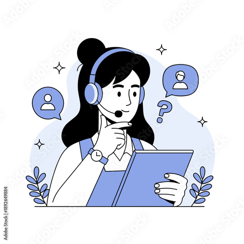 Female customer support representative with headset assisting clients online