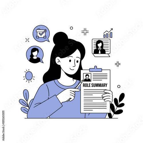 Asian female adult reviewing role summary document with icons