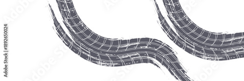 Tire track. Car, bike, motorcycle tyre mark with grunge effect isolated on white background. Wheel footprint on the road. Top view of rubber protector mark