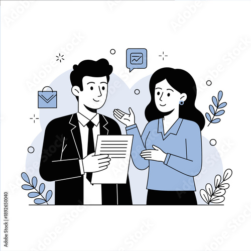 Young caucasian male and female colleagues discussing work in office setting