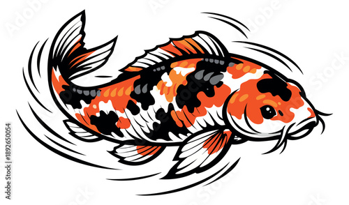 Graphic line art illustration of a koi fish depicting powerful swimming for japanese culture