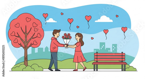 Couple exchanging flowers in a park with heart balloons romantic date concept for Valentines Day or anniversary flat vector illustration