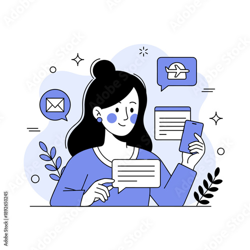 Young female engaging with social media on smartphone in modern cartoon style