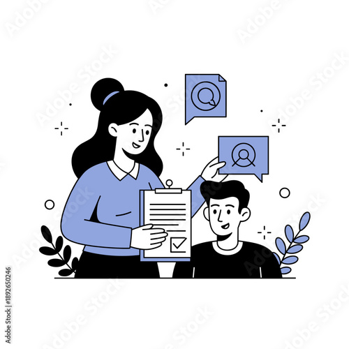 Female mentor assisting male colleague with project review and feedback