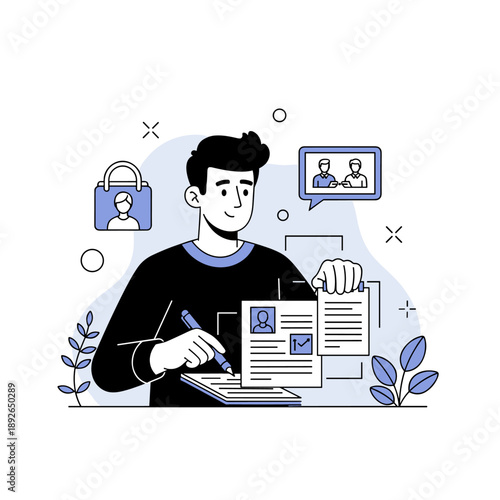 Young caucasian male reviewing resumes and profiles in a digital environment