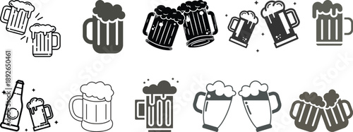 Beer mug icon set. Alcoholic beverage menu collection. Labeled visualization with various glasses styles for lager, pilsner, ale, dunkel and porter drinks.