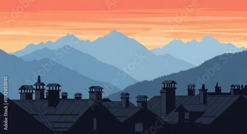 Silhouette of houses with chimneys against vibrant sunset mountains