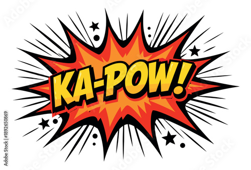 Comic style illustration of an explosion text 'Ka-pow!' depicting a powerful impact for comic books and graphic design