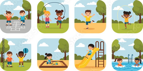 Set of Eight Colorful Vector Illustrations Featuring Diverse Children Playing Outdoors, Including Hopscotch, Jump Rope, Slide, Sandbox, and Swimming for School and Summer Camp Designs