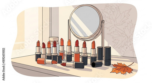 Lipsticks arranged on countertop with mirror and autumn leaf