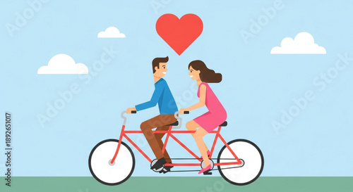 Loving couple riding tandem bicycle with heart above symbolizing romance and togetherness in a serene outdoor setting with blue sky