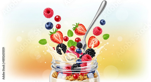Fresh mixed berries and granola breakfast in a glass jar with yogurt splash