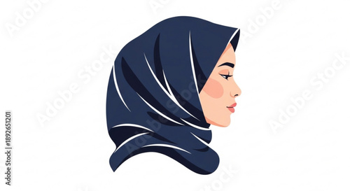 Profile portrait of a young Muslim woman wearing a dark blue hijab flat vector illustration for cultural representation and fashion concepts