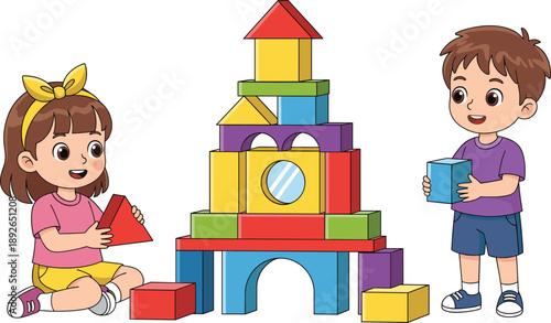 Diverse Group of Happy Children Standing Together and Two Kids Playing with Toys on a Blue Rug for Daycare, Preschool Education, and Early Childhood Development Designs