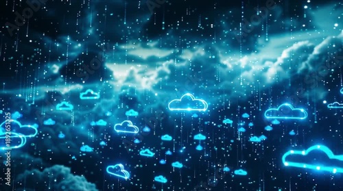 Neon cloud icons with falling digital data rain in dramatic night sky background (AI Generated)