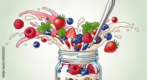Colorful berries and yogurt overflowing from a glass jar with spoon