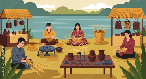 People sitting by a river with pottery and baskets traditional village scene with huts and water in background