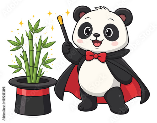 Cute illustration of a panda magician depicting bamboo appearing from a hat for magical entertainment