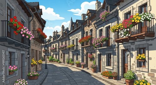 Quaint european street with colorful flower balconies and potted plants on a sunny day