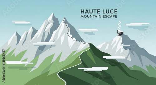 Serene mountain escape with winding path and majestic peaks under clear blue sky