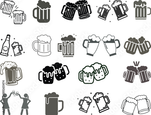 Beer mug icon set. Alcoholic beverage menu collection. Labeled visualization with various glasses styles for lager, pilsner, ale, dunkel and porter drinks.