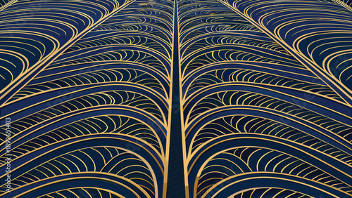 Symmetrical geometric pattern with curved lines in blue and gold colors abstract background illustration