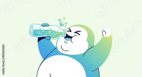 Cartoon bear drinking from a bottle with a happy expression on a green background