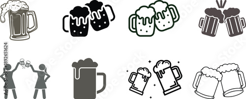 Beer mug icon set. Alcoholic beverage menu collection. Labeled visualization with various glasses styles for lager, pilsner, ale, dunkel and porter drinks.