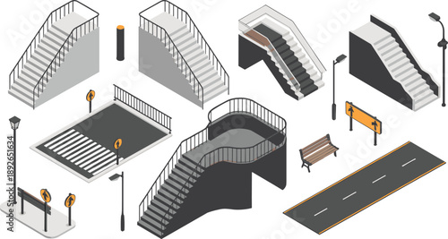 Isometric urban stairs and street infrastructure elements, pedestrian crossings ramps benches signs streetlights, modern city design vector isolated on white background