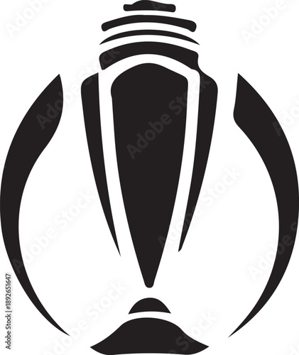 Black and white cricket trophy illustration with ball and text on round pedestal