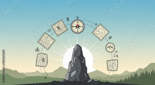 Ancient stone monument with mystical maps and compasses at sunrise in mountains